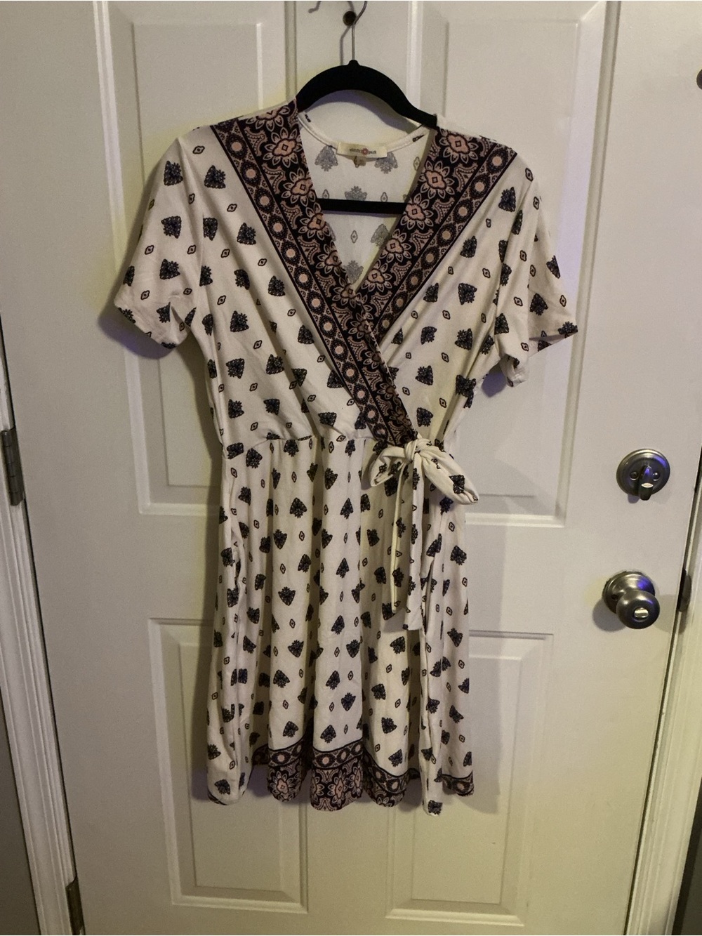 Wishful Park Cream Mini Wrap Dress with Navy Floral Trim